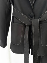 Designer Contrast Stitching Suit Set | Women’s Belted Blazer & Tailored Pants