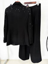 Damen-Blazer mit 3D-Schmetterlingsperlen & weite Hose | Designer-Laufsteg-Anzug-Set