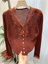 Women’s Elegant Lace Patchwork Cardigan – Chic V-Neck Slim Knit Sweater