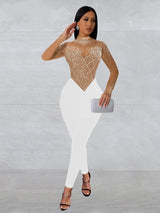 Sexy schwarzer Mesh-Overall – Glitzernder Strass-Bodycon-Einteiler