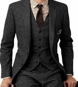 Herren 3-teiliger Tweed-Anzug – Slim Fit Business-Anzug, Gentleman Hochzeitsanzug Blazer, Weste & Hose
