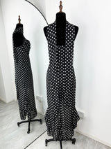 Women’s Elegant Polka Dot Long Dress – Luxury Scarf Ribbon Halter Gown