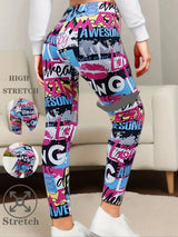 Damen-Leggings mit Graffiti-Print, hochelastisch, gebürstet, weich, hohe Taille, sexy, Neun-Punkte