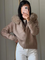 Damen Winter Flauschige Kapuzen-Strickjacke – Reißverschluss Patchwork Strickjacke