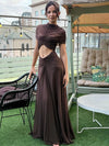 Women’s Sexy Hollow-Out Turtleneck Maxi Dress Short Sleeve Elegant Party & Evening Gown
