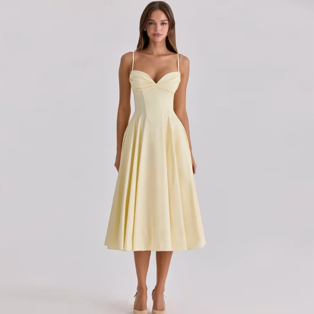 Women's Elegant Yellow Sweetheart Midi Dress