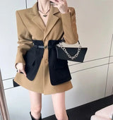 Women’s Korean Style Loose Blazer – Spliced Pocket Single-Breasted Jacket with Removable Belt