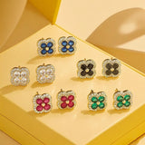 18K Gold Plated Flower Stud Earrings - Sparkling CZ Inlaid Multi-Color 4-Leaf Clover Earrings