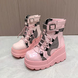 Women’s Gothic Belt Buckle Platform High Wedge Zip Punk Cosplay Ankle Boots