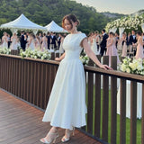 White Women’s Circle Cut-Out Back Dress – Wide Shoulder Fitted Waist Prom Dress