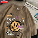 Cute Smiling Face Graffiti T-Shirt - Women's Fun Graphic Cotton Tee