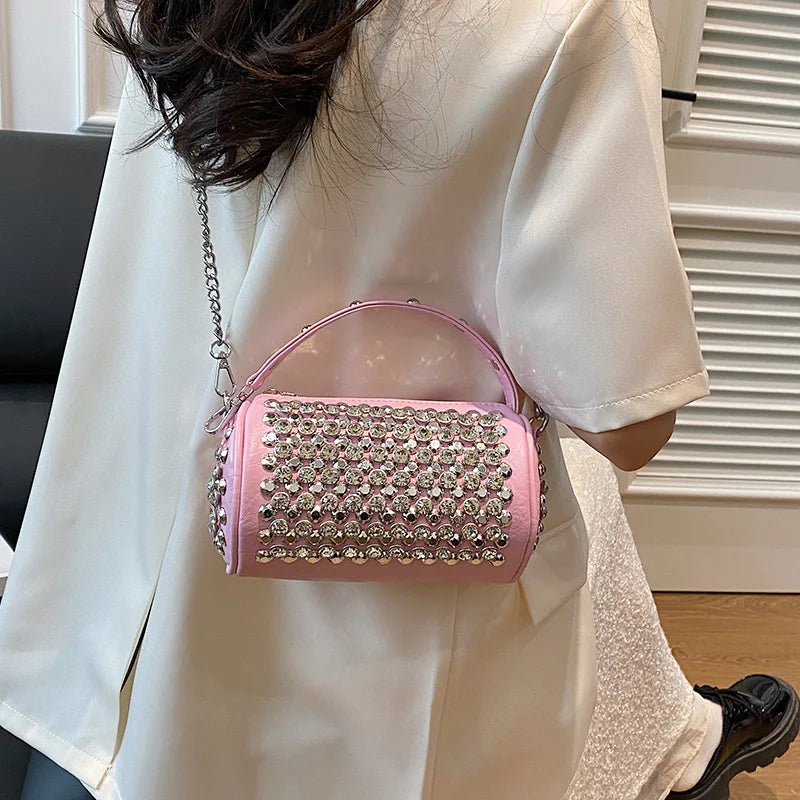 Luxury Cylinder Rhinestone Shoulder Bag | Handmade Crystal Pillow Crossbody