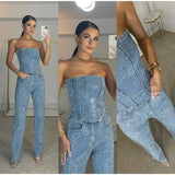 Women’s Sexy Shiny Sequined 2-Piece Set – Strapless Bandeau Crop Top & High Waist Skinny Trousers
