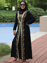 Schwarze muslimische Abaya für Damen | Pailletten-Kaftan und elegantes Spleiß-Maxikleid