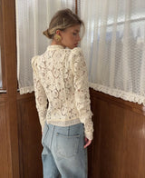 Eleganter bedruckter Spitzen-Hohl-Oberteil – Vintage-Damen-Sommerhemd mit Durchblick