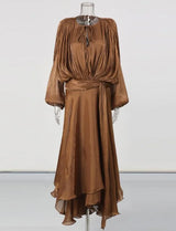 Women’s Elegant Spliced Fold Dress – Solid Loose Patchwork Midi, Round Neck Long Sleeve Lace-Up Dress