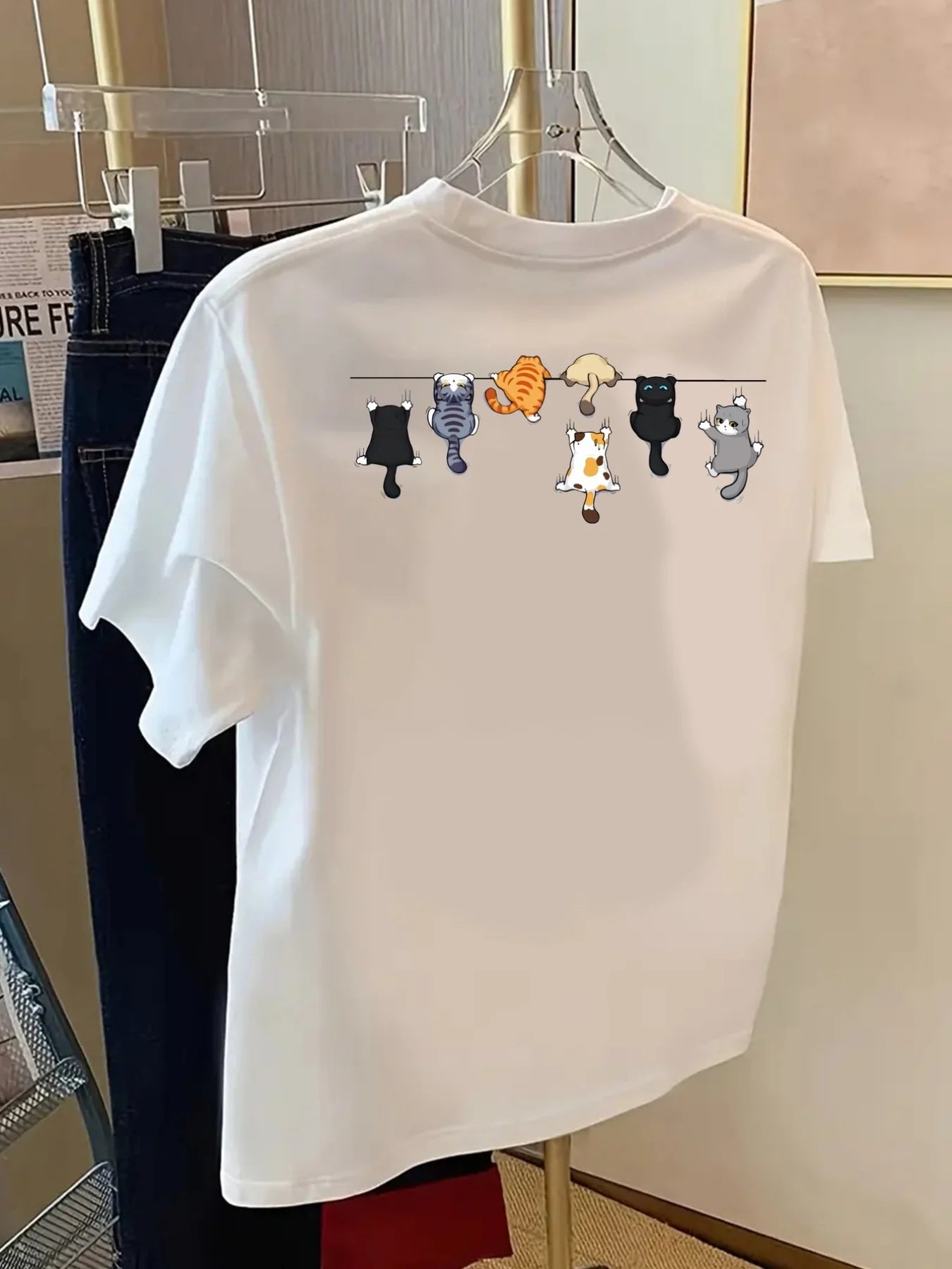 Women's Oversized Cotton Cartoon Cat Print T-Shirt