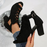 Damen schwarze elegante Riemchensandalen mit Reißverschluss hinten – bequeme Schuhe mit dickem Absatz, Fischmund-Peep-Toe