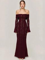 Elegant Lace Maxi Wedding Guest Dress – Off The Shoulder Evening Party Dress