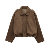 High Street Fashion Suede Bomber Coat - Lapel Long Sleeve Winter Jacket