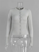 Casual Knit Cardigan Top for Women – Long Sleeve Ribbed Patchwork Slim Blouse