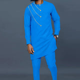 Afrikanisches Einreihiges Hemd mit Kettendetail und Hose Herren 2-teiliges Bazin Riche Set