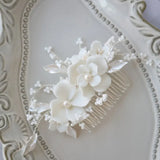 The "Ethereal Meadow" Bridal Comb Hand-Wired Freshwater Pearls & Ceramic Blooms