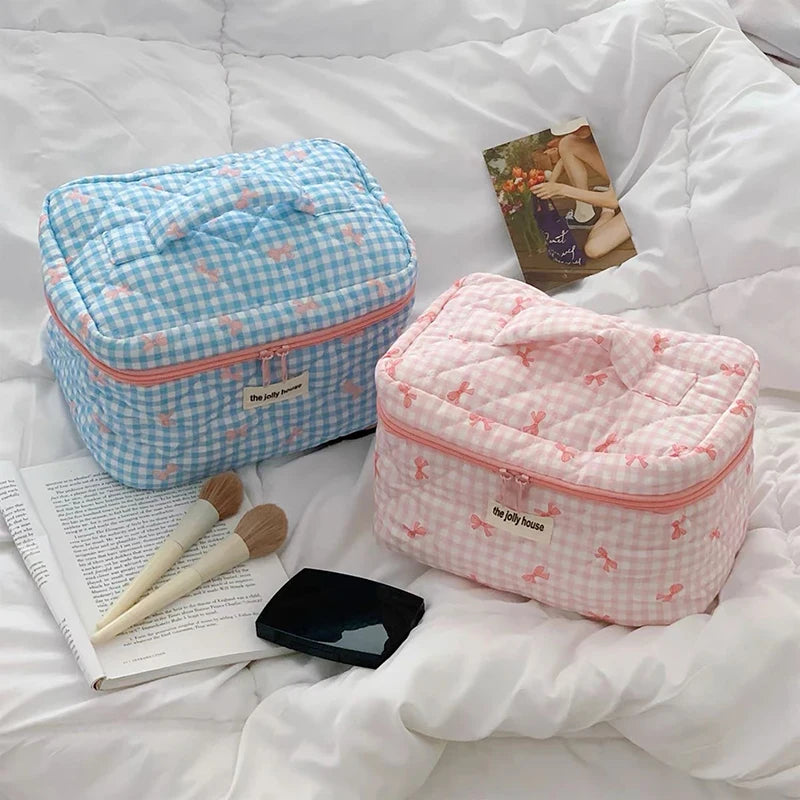 The "Coquette-Charm" Quilted Tote: Cute Bow Print Makeup Bag