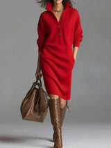 Women’s Elegant Lapel Collar Knit Dress – Long Sleeve Ribbed Solid Midi Dress