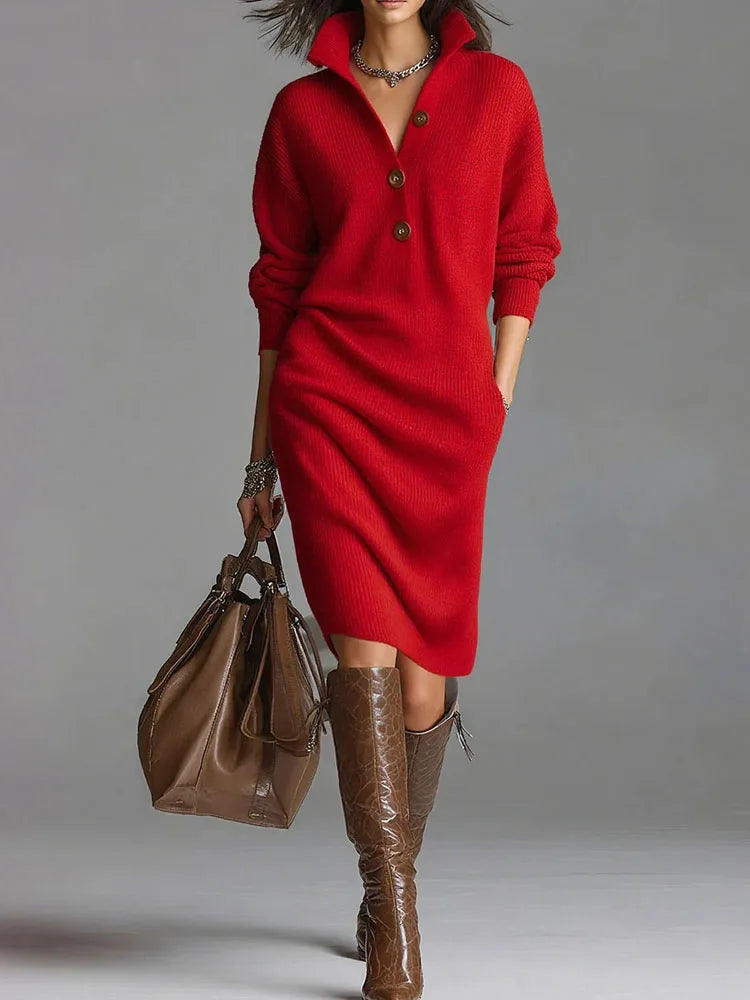 Women’s Elegant Lapel Collar Knit Dress – Long Sleeve Ribbed Solid Midi Dress