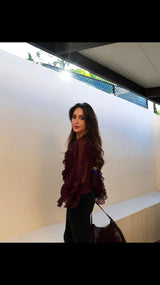 Women’s Sexy Semi-Sheer Ruffle Blouse | V-Neck Long Sleeve Button-Down Shirt