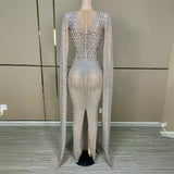 Luxury Sparkling Champagne Evening Gown – Large Crystal Transparent Long Train Dress