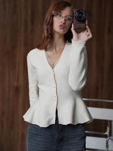 Women’s Ruffled Knit Cardigan – Elegant V-Neck Slim Fit Sweater