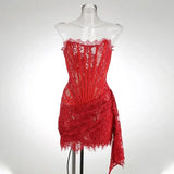 Women’s Sexy Strapless Lace Mini Dress – Sheer Patchwork High Waist Evening & Party Dress