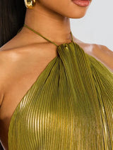 Damen Neckholder Abendkleid | Schickes einfarbiges plissiertes rückenfreies Kleid