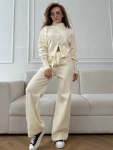 Damen 2-teiliges geripptes Strick-Loungewear-Set – Trendiger Cardigan in schmaler Passform und Hose mit weitem Bein