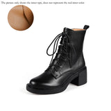Damen Stiefeletten aus echtem Leder mit dickem Plateau-Absatz – Retro-Schnürstiefel mit runder Kappe