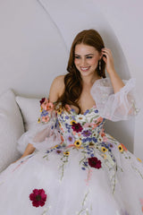 Floral Embroidery Puff Sleeve Prom Dress | Tulle Bridal & Party Gown