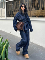 Damen 2-teiliger Denim-Anzug – Y2K Schnür-Reversjacke & Straight Leg Jeans Set