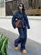 Women’s 2-Piece Denim Long Pants Suit – Y2K Lace Up Lapel Jacket & Straight Leg Jeans Set