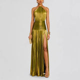 Damen Neckholder Abendkleid | Schickes einfarbiges plissiertes rückenfreies Kleid