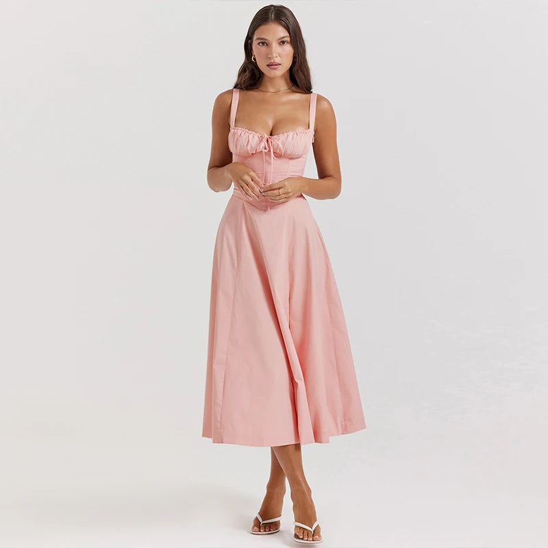 Women's Elegant Pink Lace-Up Midi Dress