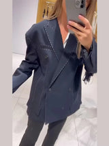 Women’s Casual Black Blazer – Loose Fit Double-Breasted Jacket