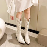 The Western Muse: Handmade Beige Embroidered Cowboy Boots with Vintage Square Toe