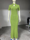 Women’s Short Sleeve Knitted Long Dress – Slim Fit Hollow Out Retro Maxi