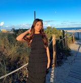Damen-Maxikleid mit Schnürung am Rücken, rückenfrei, für den Urlaub, Strand, hohe Taille, einfarbig, elegant