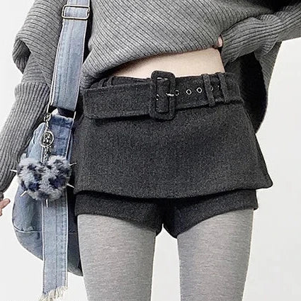 Damen-Tweed-Skort mit niedriger Taille und Gürtel | Grauer Retro A-Linien-Wickelrock