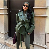 Women’s Vintage Leather Street Jacket with Belt – Oversized Loose Fit Lapel Moto Jacket