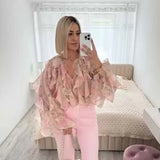 Women’s Elegant Floral Print Chiffon Blouse | Long Sleeve Lace-Up O-Neck Top
