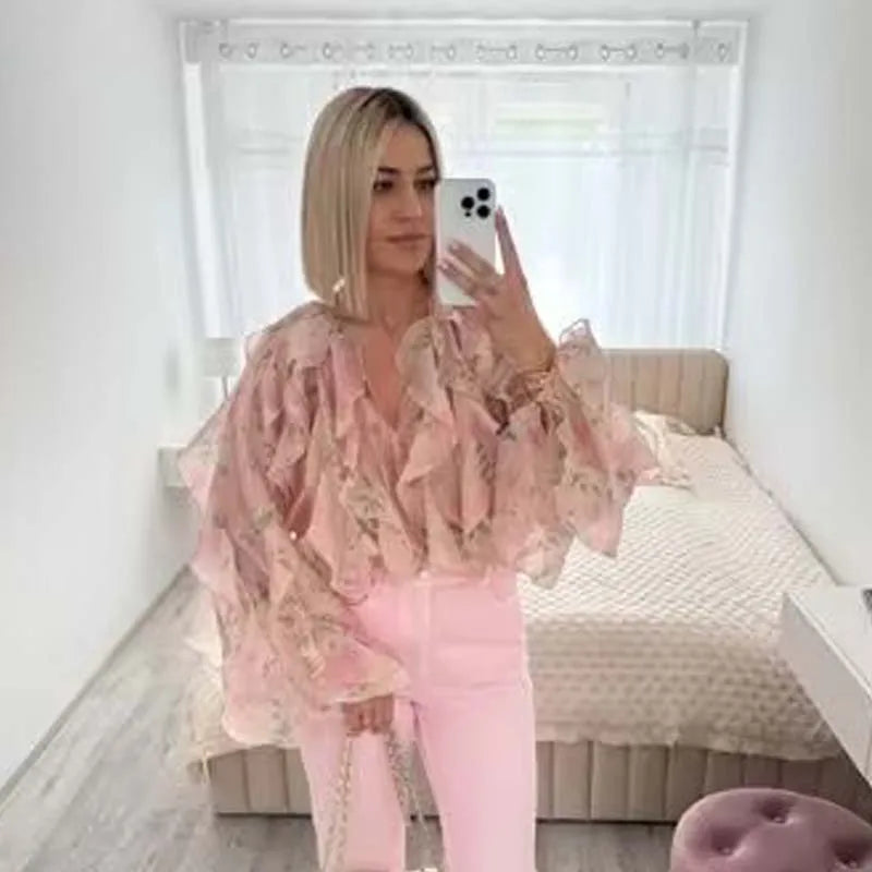 Women’s Elegant Floral Print Chiffon Blouse | Long Sleeve Lace-Up O-Neck Top